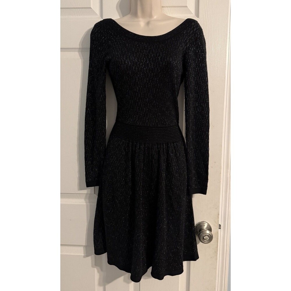 Sandro Ritournelle Dress Black Metallic Long Sleeve Knit Back V Neck Mini 1